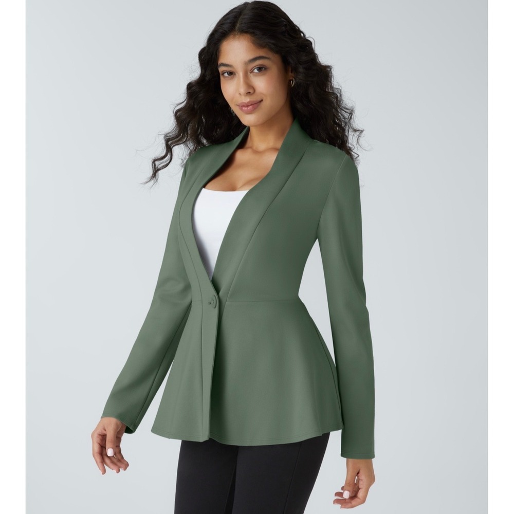 Halara Women Olive Green V Neck Single Button Work Peplum Jacket Size M NWT